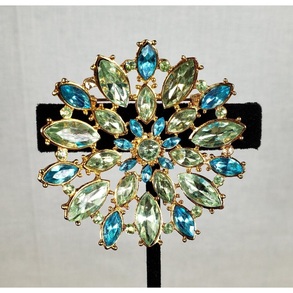 Vtg 90s  Laila Rowe Aqua Blue Green Marquise Crystal Rhinestone Starburst Brooch